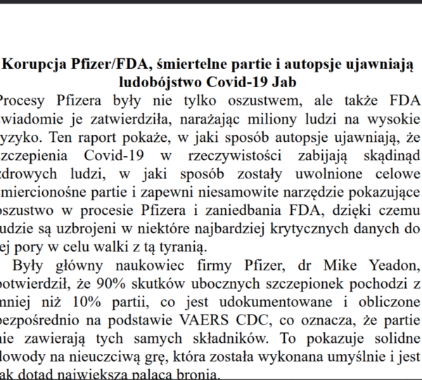 PDF: Korupcja Pfizer/FDA, śmiertelne partie i autopsje ujawniają ludobójstwo Covid-19 szczepień