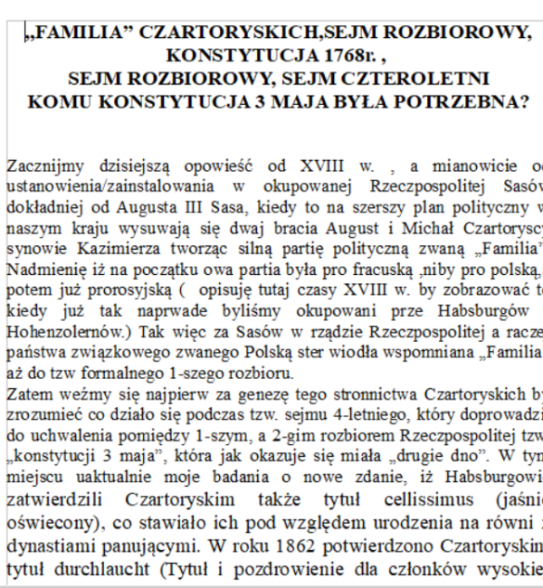 Format PDF „FAMILIA” CZARTORYSKICH,SEJM ROZBIOROWY, KONSTYTUCJA 1768r. ,  SEJM ROZBIOROWY, SEJM CZTEROLETNI KOMU KONSTYTUCJA 3 MAJA BYŁA POTRZEBNA?